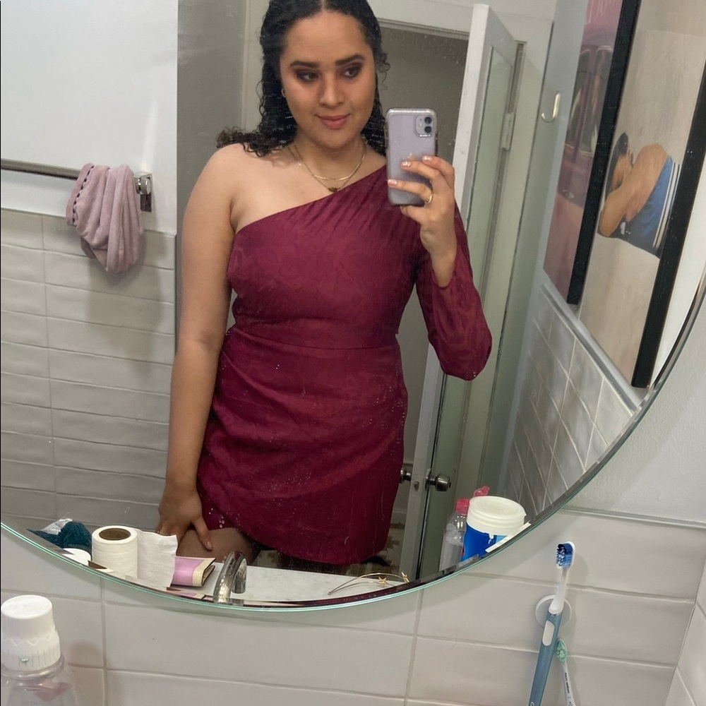 Lulu’s one shoulder Fuschia Jaquard Mini Dress